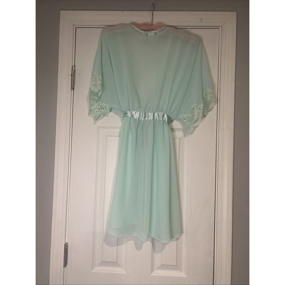 VTG Cinema Etoile Seductivewear Mint Green Chiffon Lace Trim Robe EUC - Picture 9 of 11